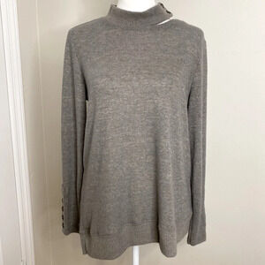 Democracy Mock Neck Cut Out Button Long Sleeve Gray Taupe Super Soft Sweater S